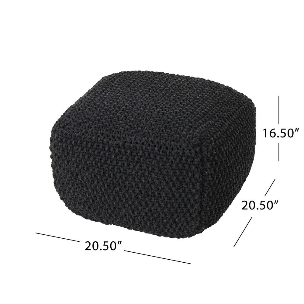 Alen Ottoman Cube Pouf, 21" Handcrafted Boho Dark Gray Knitted Cotton