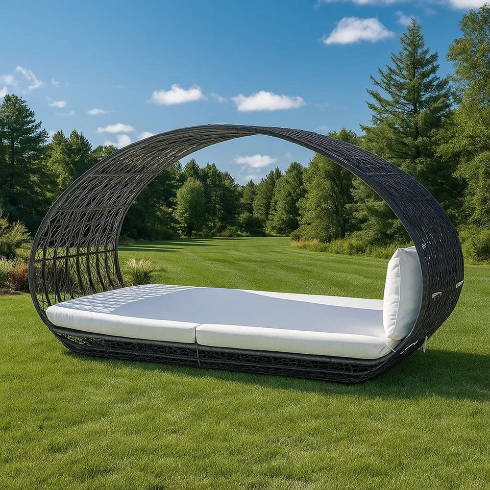 Outdoor Canopy Daybed, Gray Faux Rattan Frame with White Cushions