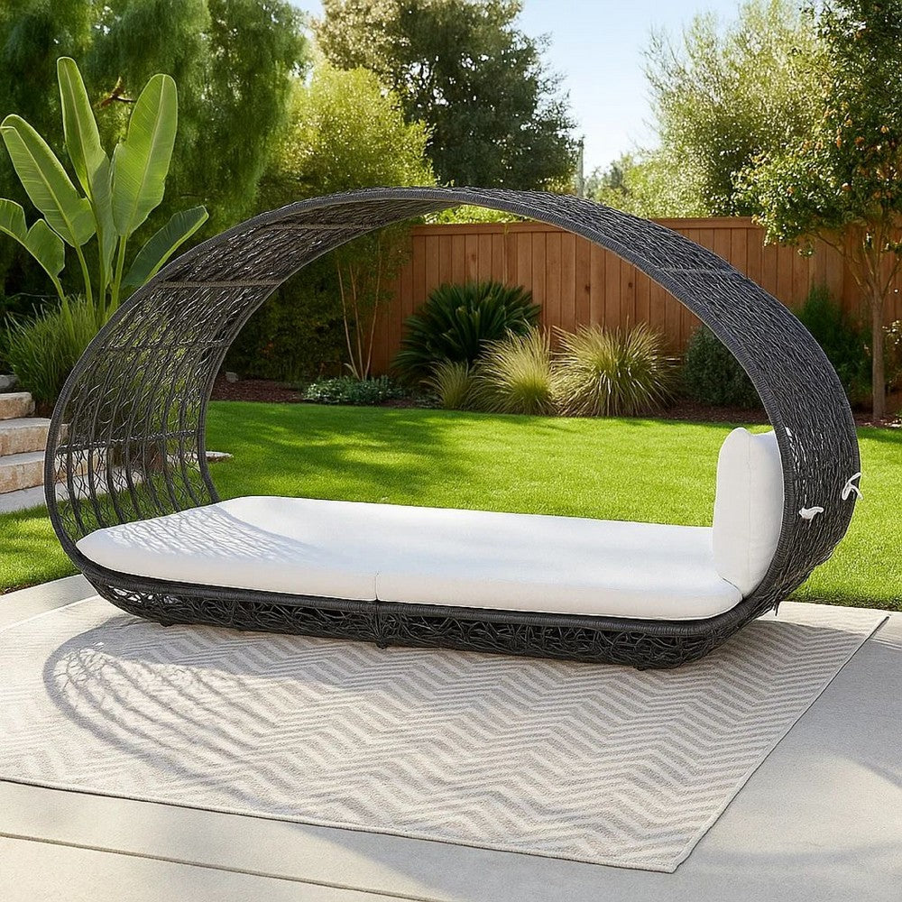 Outdoor Canopy Daybed, Gray Faux Rattan Frame with White Cushions