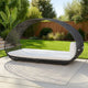 Outdoor Canopy Daybed, Gray Faux Rattan Frame with White Cushions