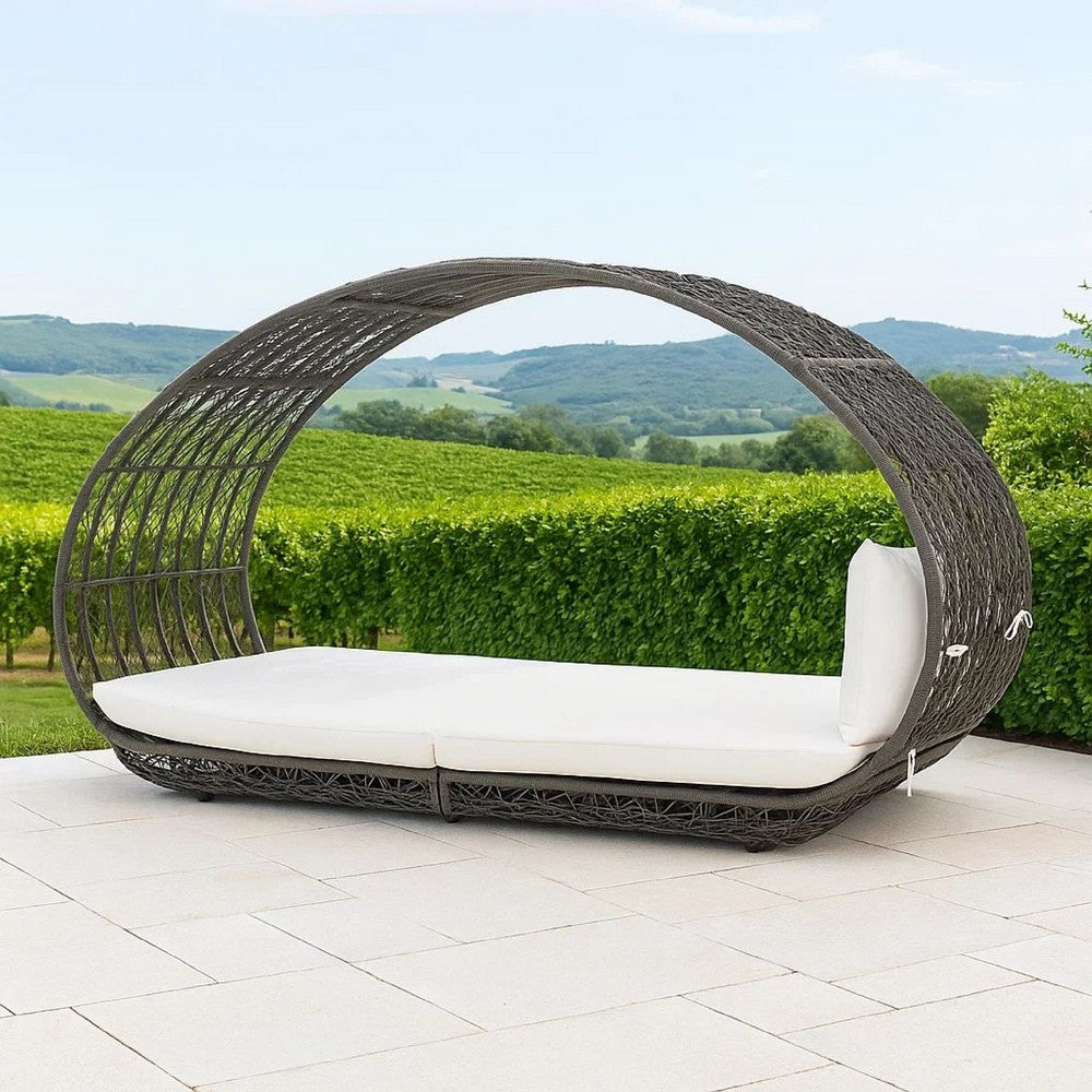 Outdoor Canopy Daybed, Gray Faux Rattan Frame with White Cushions