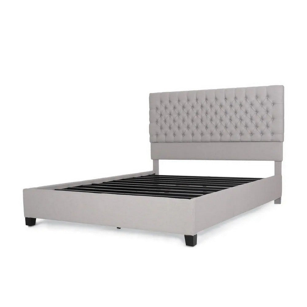 Amare Platform Queen Size Bed, Button Tufted Light Gray Polyester
