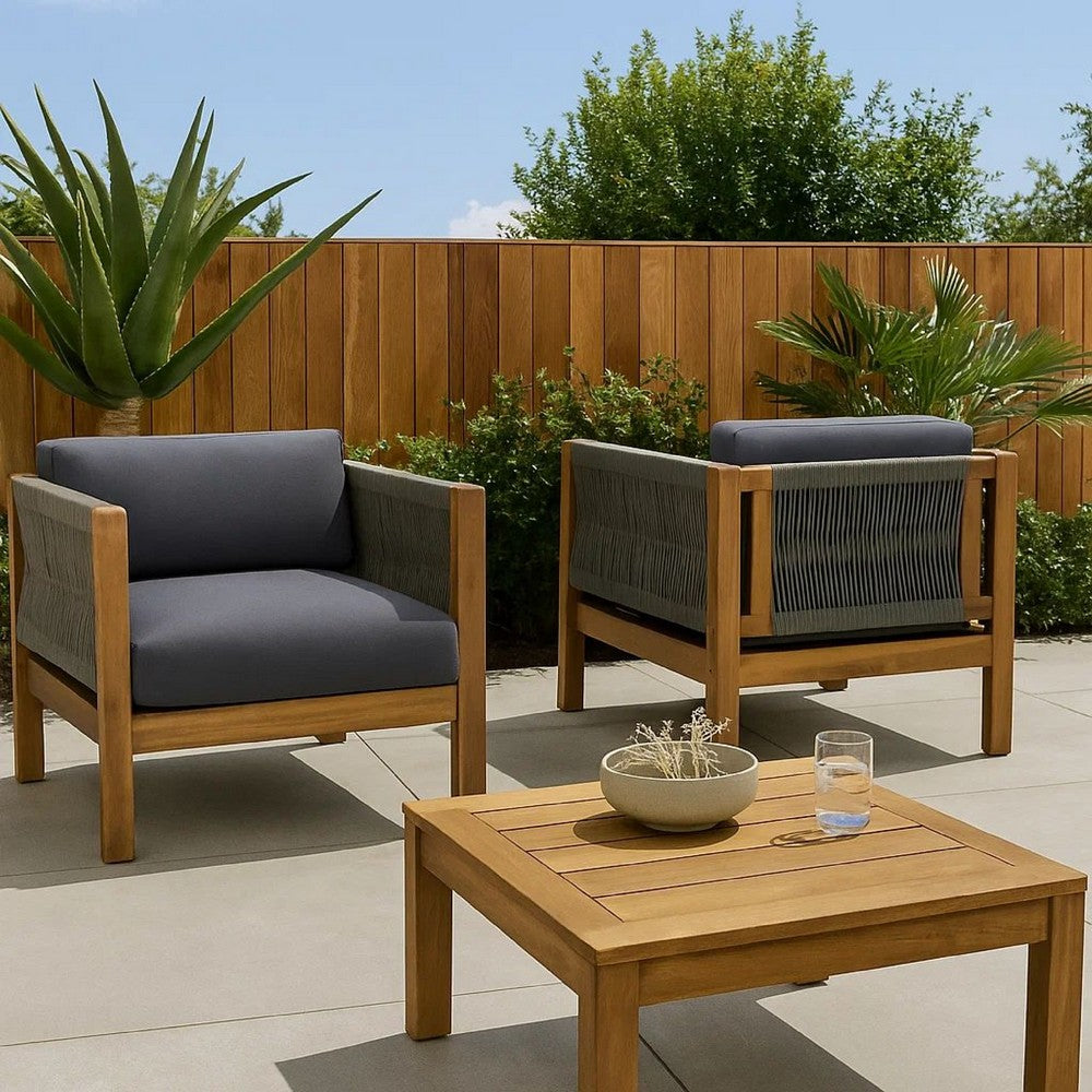 Outdoor Accent Chair Set of 2, Rope Weaving, Teak Brown Acacia Wood