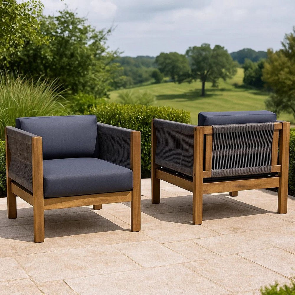 Outdoor Accent Chair Set of 2, Rope Weaving, Teak Brown Acacia Wood