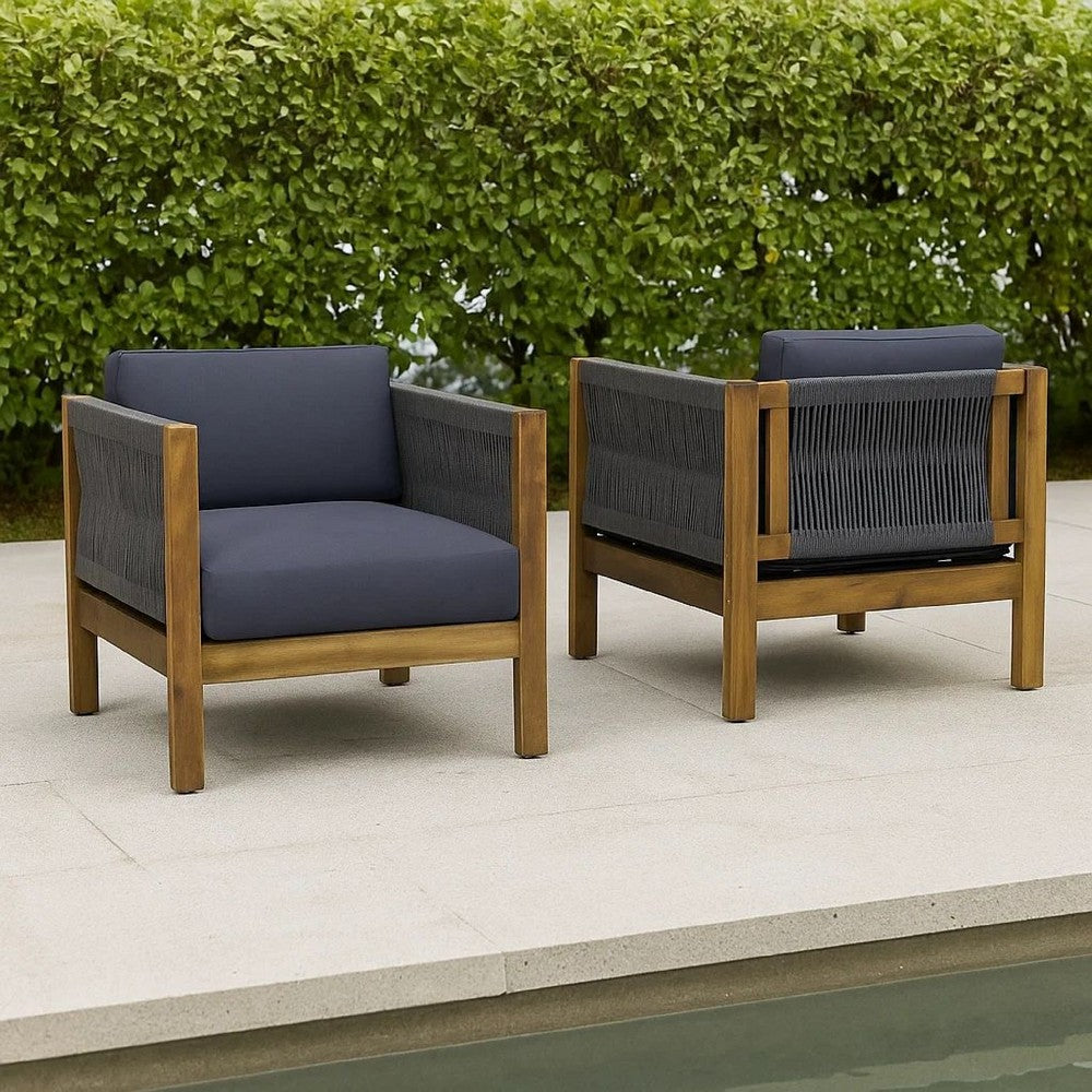 Outdoor Accent Chair Set of 2, Rope Weaving, Teak Brown Acacia Wood