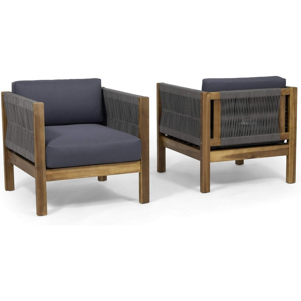 Outdoor Accent Chair Set of 2, Rope Weaving, Teak Brown Acacia Wood