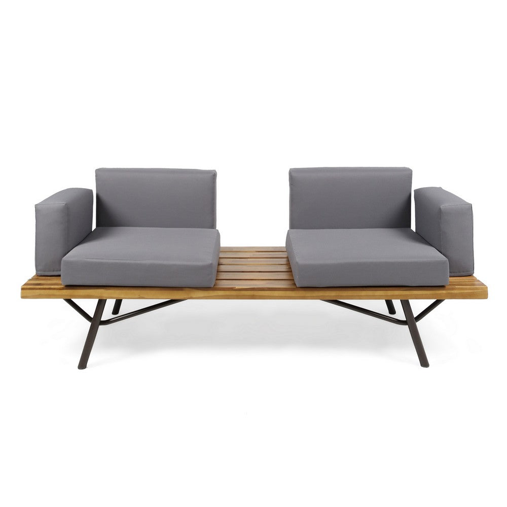 Outdoor Loveseat and Coffee Table Set, Acacia Wood, Black Iron, Gray