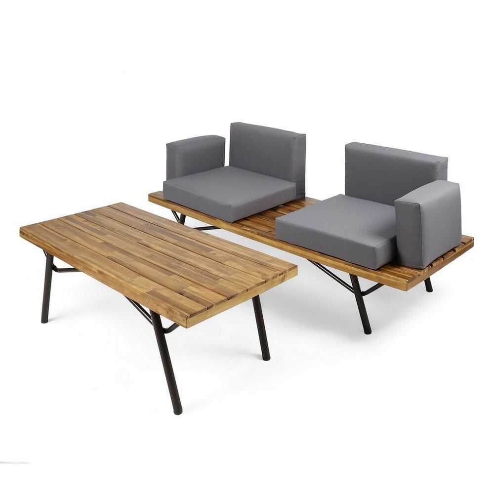 Outdoor Loveseat and Coffee Table Set, Acacia Wood, Black Iron, Gray