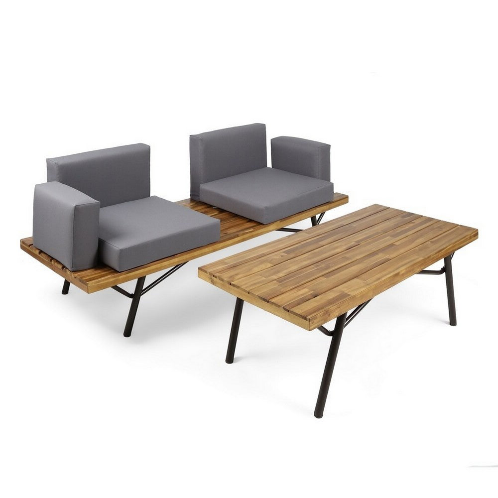 Outdoor Loveseat and Coffee Table Set, Acacia Wood, Black Iron, Gray