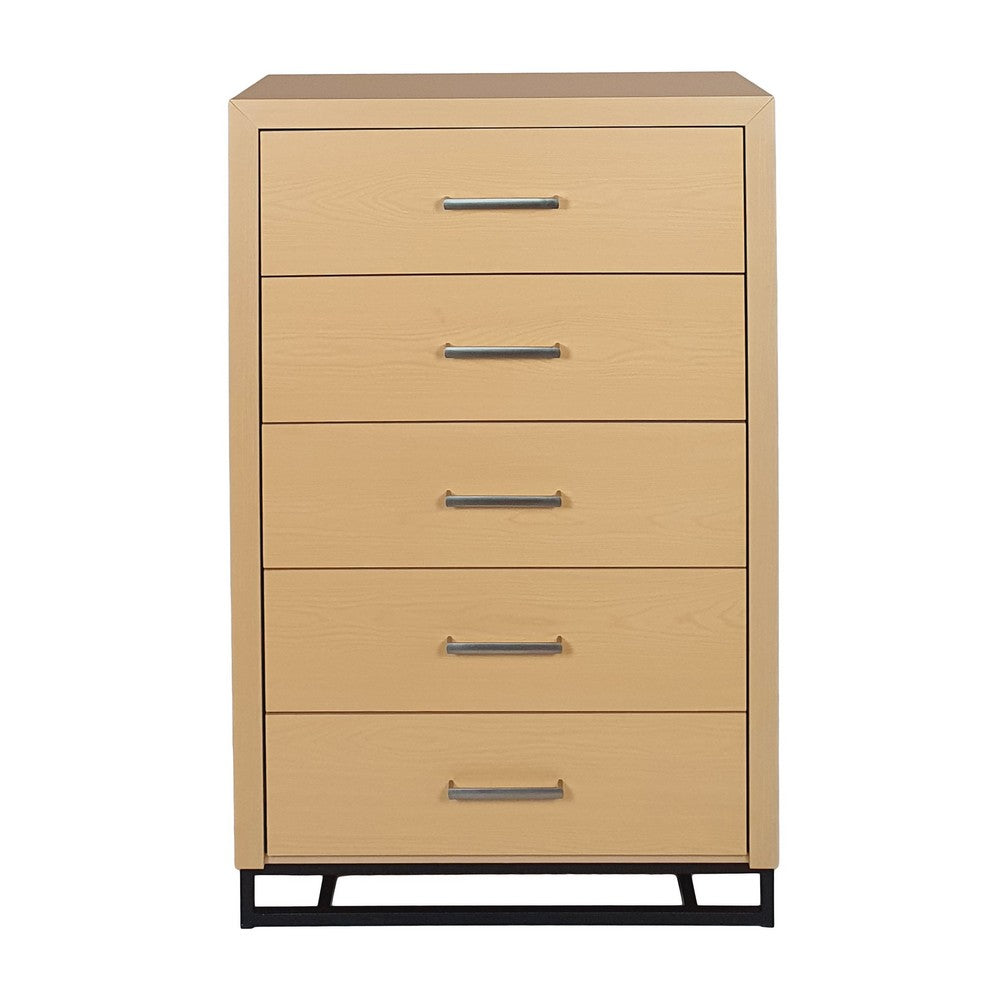 Tall Dresser Chest with 5 Drawers, Black Iron Base, Natural Brown Wood