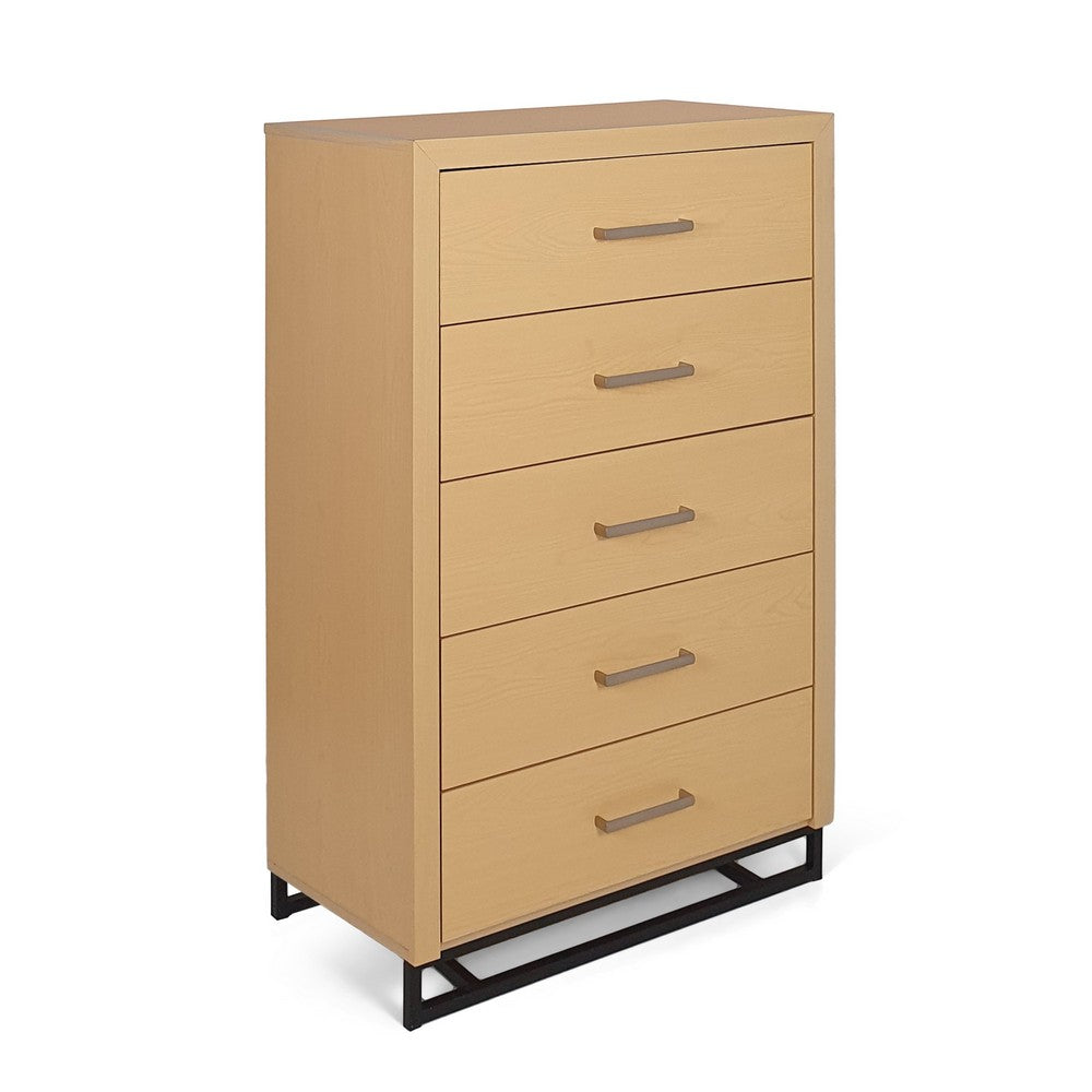 Tall Dresser Chest with 5 Drawers, Black Iron Base, Natural Brown Wood