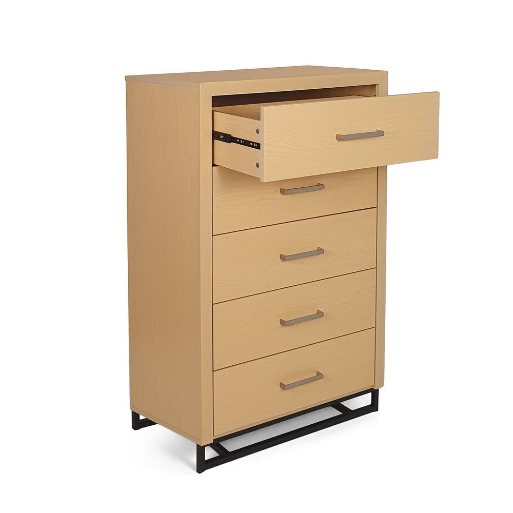Tall Dresser Chest with 5 Drawers, Black Iron Base, Natural Brown Wood