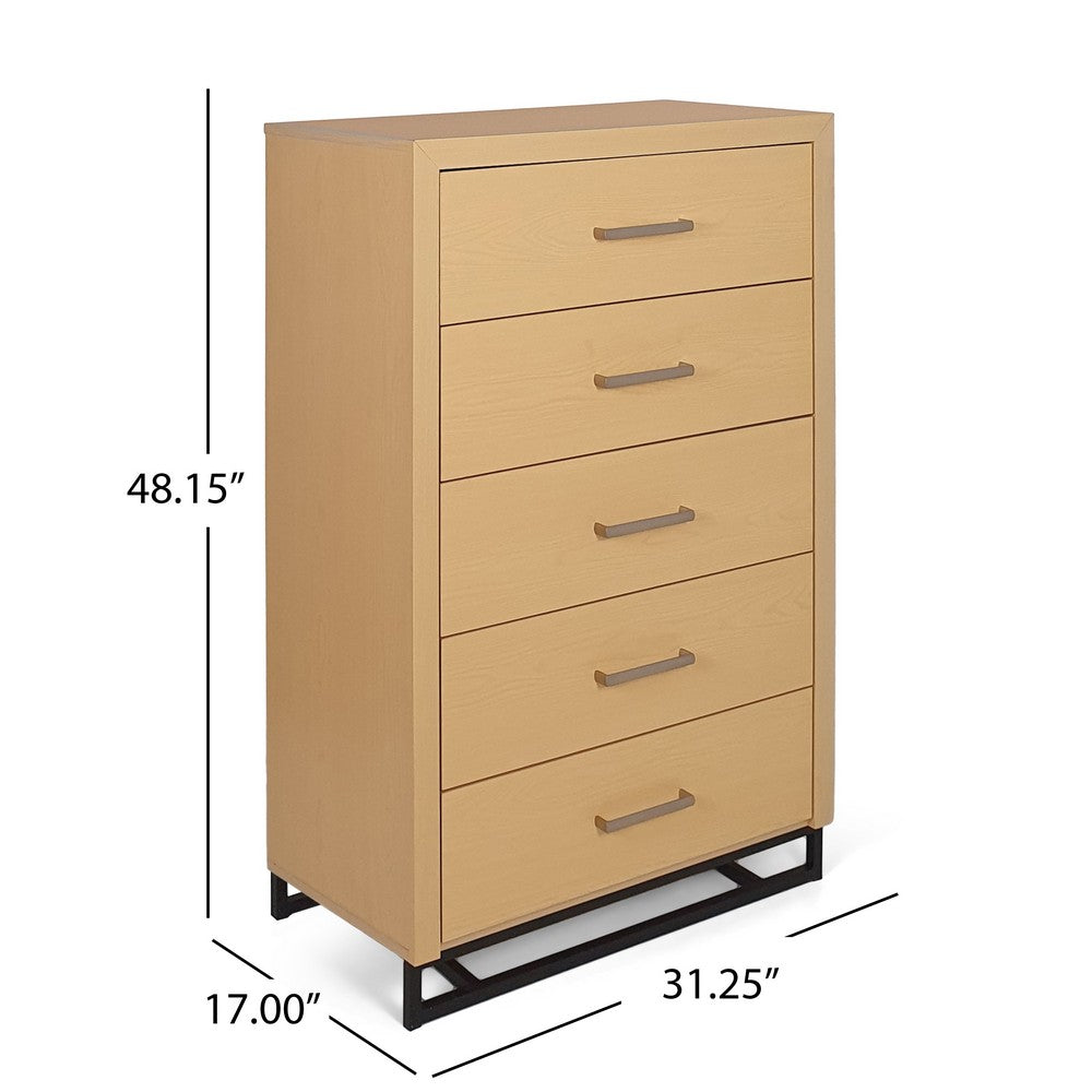 Tall Dresser Chest with 5 Drawers, Black Iron Base, Natural Brown Wood