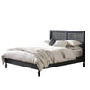 Queen Bed, Cane Rattan Upholstered Headboard, Dark Gray Acacia Wood