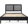 Queen Bed, Cane Rattan Upholstered Headboard, Dark Gray Acacia Wood