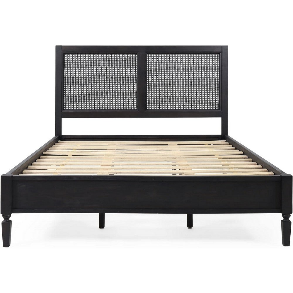 Queen Bed, Cane Rattan Upholstered Headboard, Dark Gray Acacia Wood