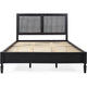 Queen Bed, Cane Rattan Upholstered Headboard, Dark Gray Acacia Wood