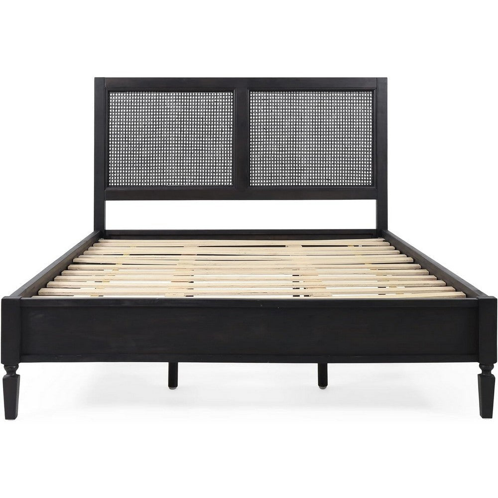 Queen Bed Cane Rattan Upholstered Headboard Dark Gray Acacia Wood BM324445
