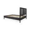 Queen Bed, Cane Rattan Upholstered Headboard, Dark Gray Acacia Wood
