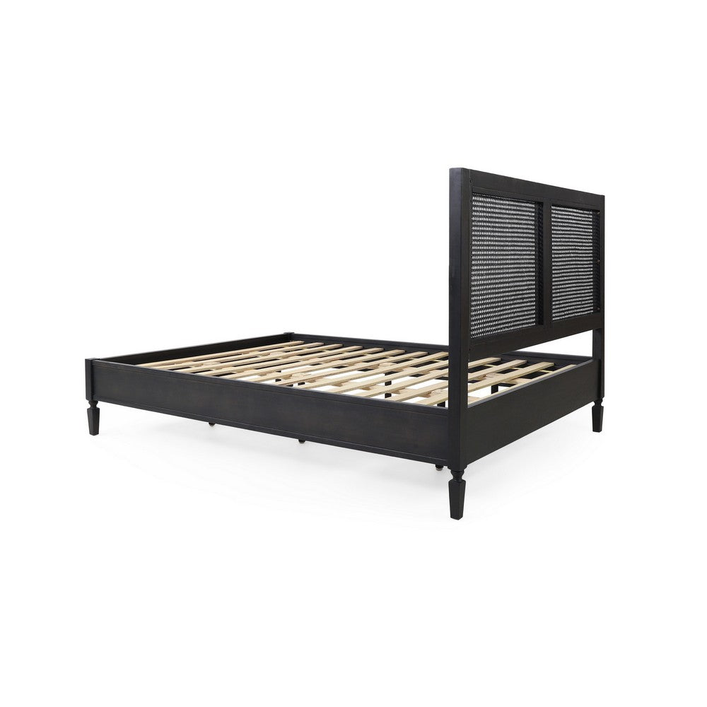 Queen Bed, Cane Rattan Upholstered Headboard, Dark Gray Acacia Wood