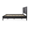 Queen Bed, Cane Rattan Upholstered Headboard, Dark Gray Acacia Wood