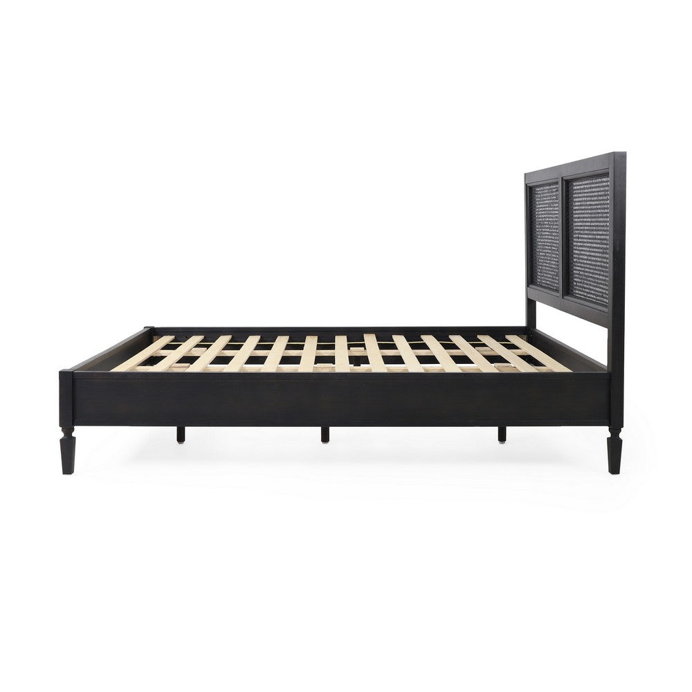 Queen Bed, Cane Rattan Upholstered Headboard, Dark Gray Acacia Wood
