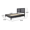 Queen Bed, Cane Rattan Upholstered Headboard, Dark Gray Acacia Wood