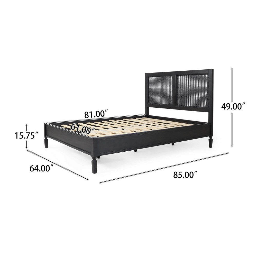 Queen Bed, Cane Rattan Upholstered Headboard, Dark Gray Acacia Wood