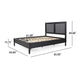 Queen Bed, Cane Rattan Upholstered Headboard, Dark Gray Acacia Wood