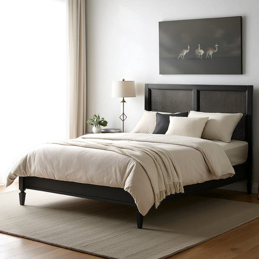 Queen Bed, Cane Rattan Upholstered Headboard, Dark Gray Acacia Wood