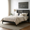 Queen Bed, Cane Rattan Upholstered Headboard, Dark Gray Acacia Wood