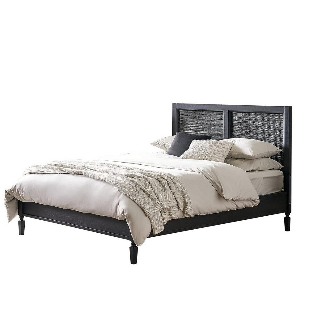 Queen Bed, Cane Rattan Upholstered Headboard, Dark Gray Acacia Wood