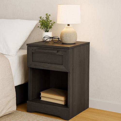 Vinie Nightstand with 1 Drawer and Shelf, Modern Taupe Gray Finish