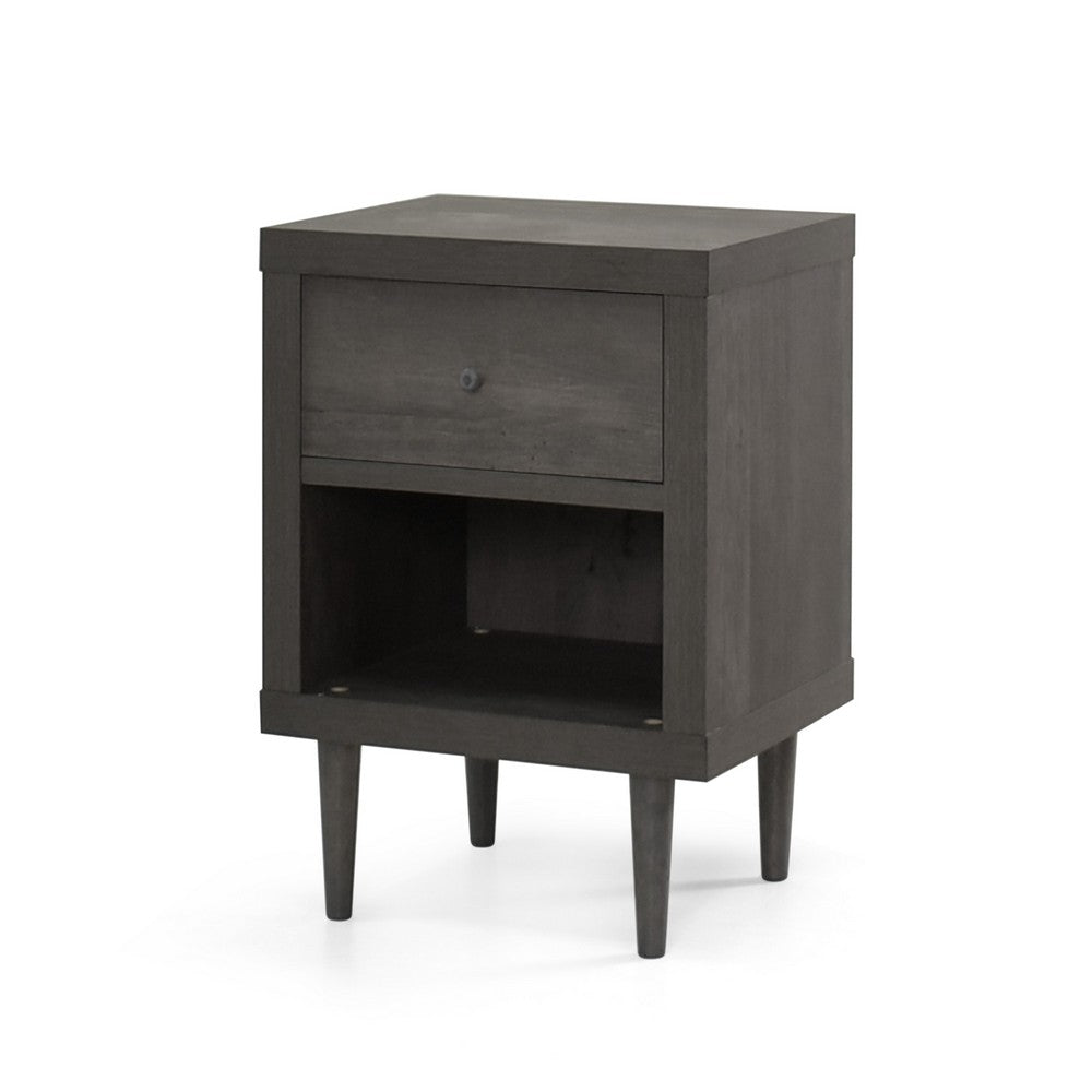 Minie Nightstand with 1 Drawer, Shelf, Rubberwood Legs, Modern Gray