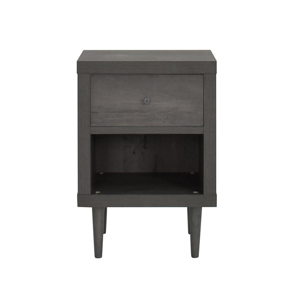 Minie Nightstand with 1 Drawer, Shelf, Rubberwood Legs, Modern Gray