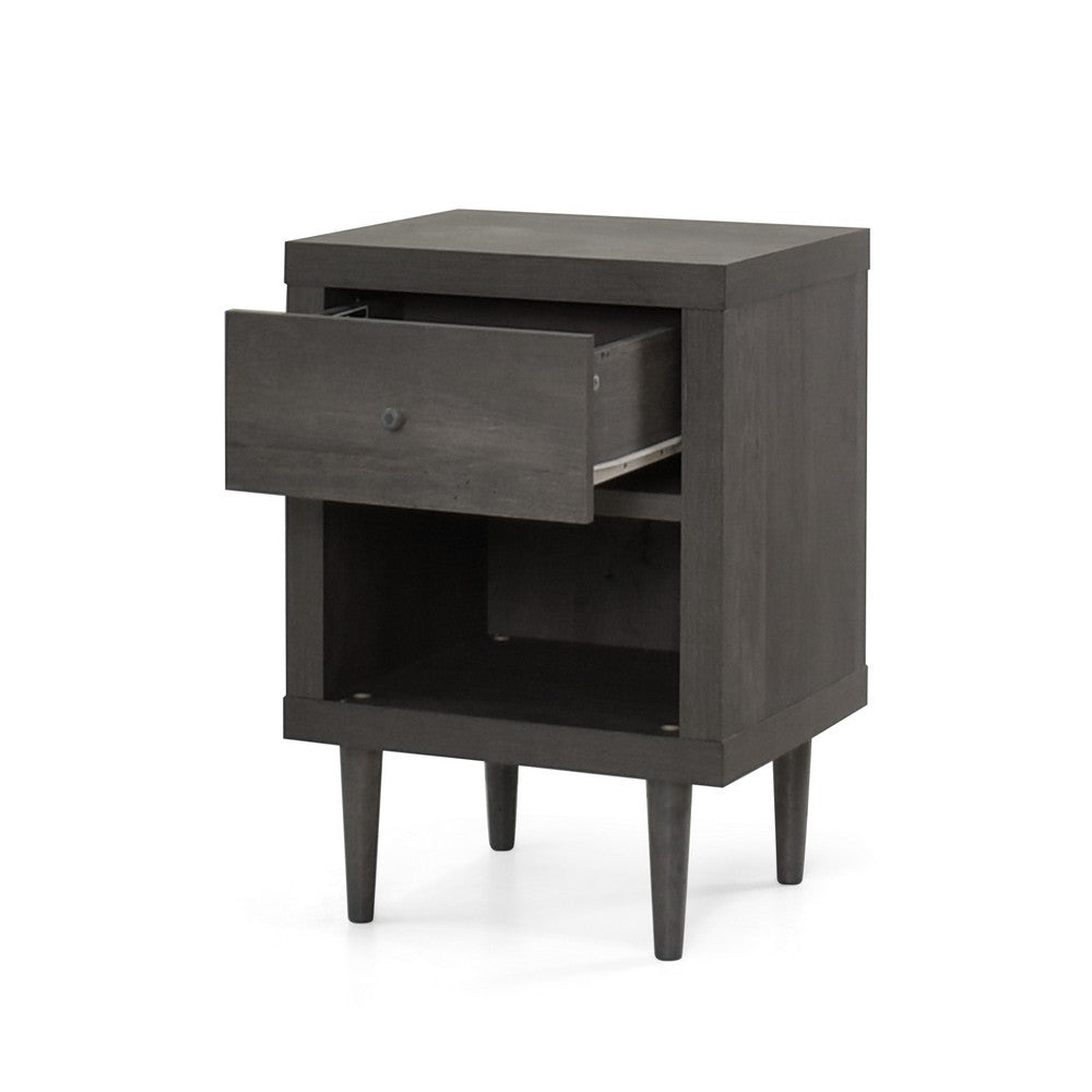 Minie Nightstand with 1 Drawer, Shelf, Rubberwood Legs, Modern Gray