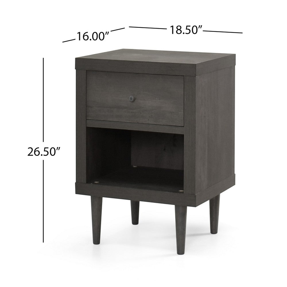 Minie Nightstand with 1 Drawer, Shelf, Rubberwood Legs, Modern Gray