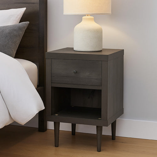 Minie Nightstand with 1 Drawer, Shelf, Rubberwood Legs, Modern Gray