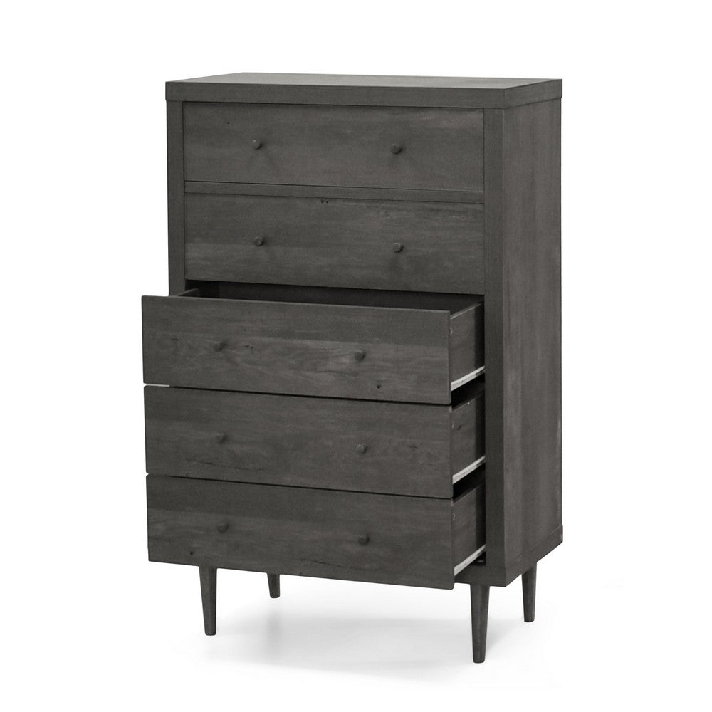 Minie Tall Dresser Chest, 5 Drawers, Rubberwood Legs, Modern Gray