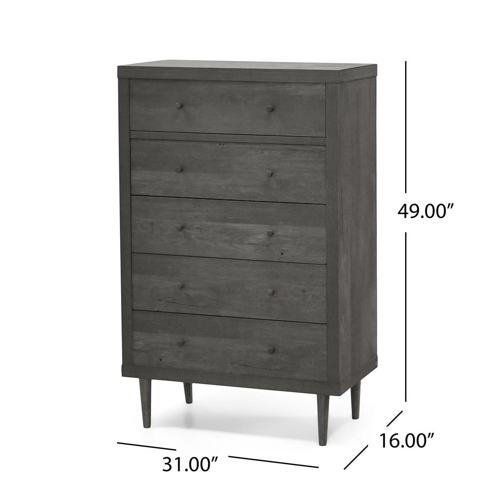 Minie Tall Dresser Chest, 5 Drawers, Rubberwood Legs, Modern Gray