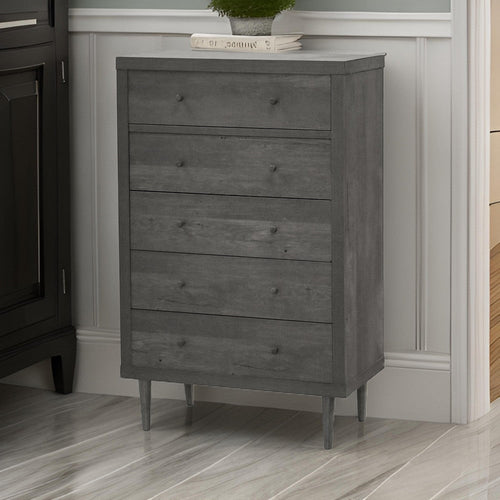 Minie Tall Dresser Chest, 5 Drawers, Rubberwood Legs, Modern Gray