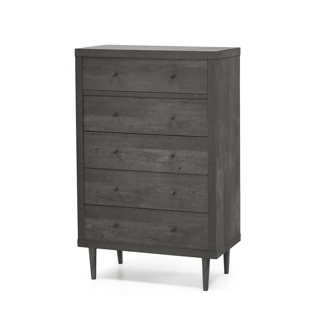 Minie Tall Dresser Chest, 5 Drawers, Rubberwood Legs, Modern Gray