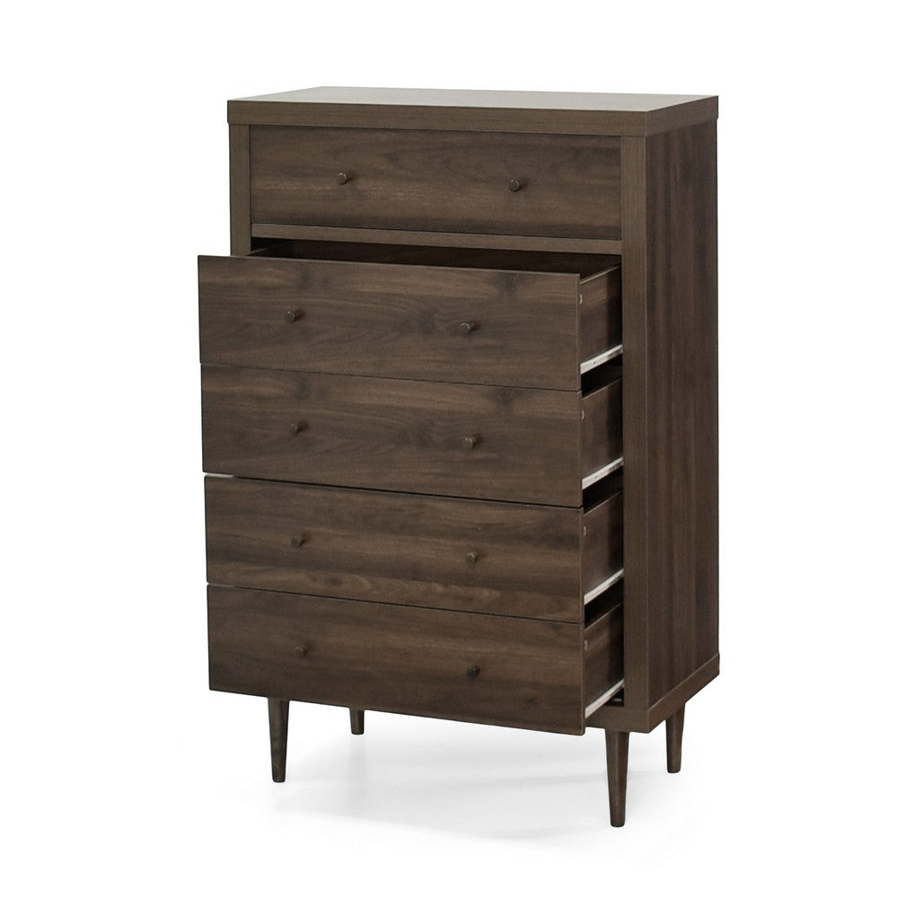 Minie Tall Dresser Chest, 5 Drawers, Rubberwood, Modern Walnut Brown