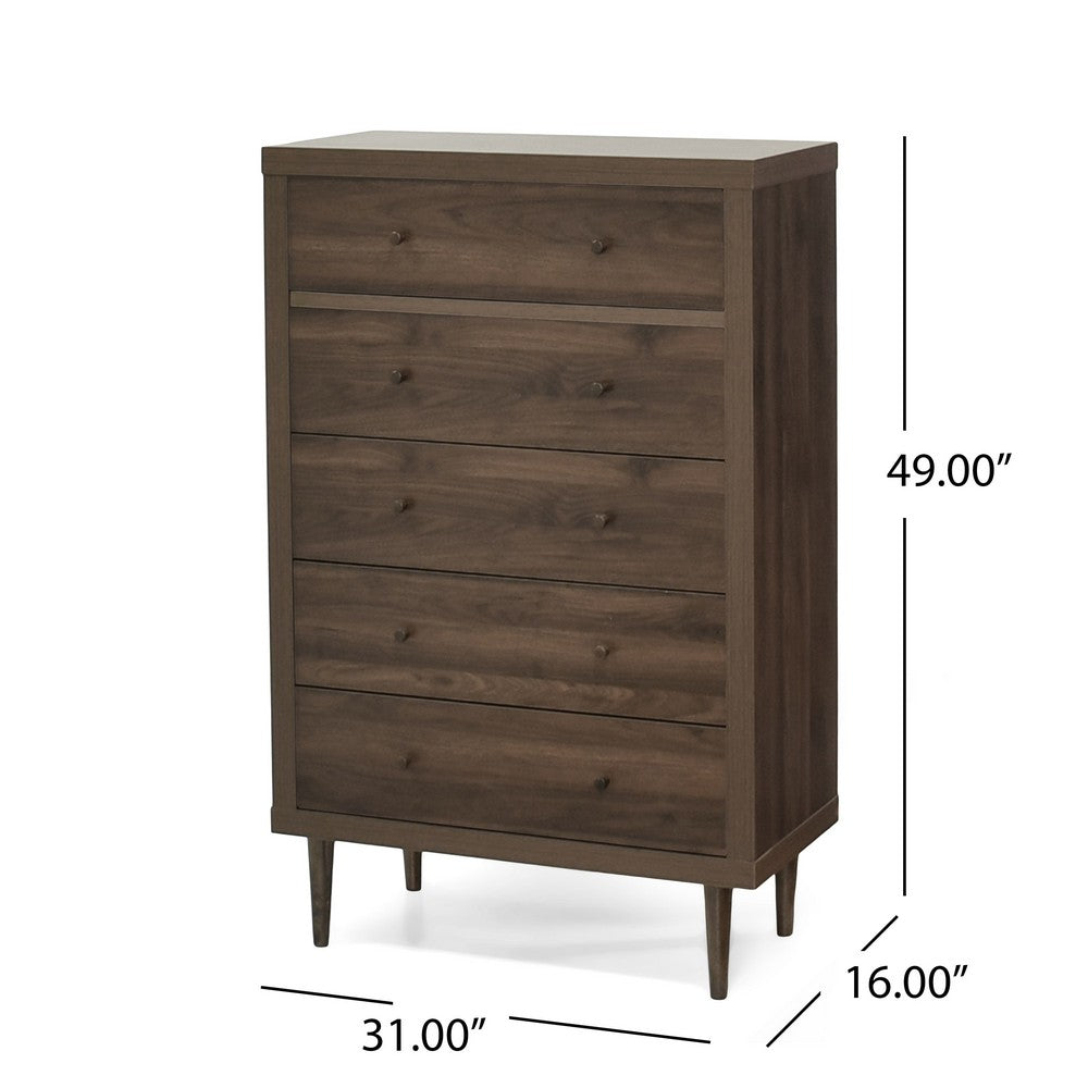 Minie Tall Dresser Chest, 5 Drawers, Rubberwood, Modern Walnut Brown