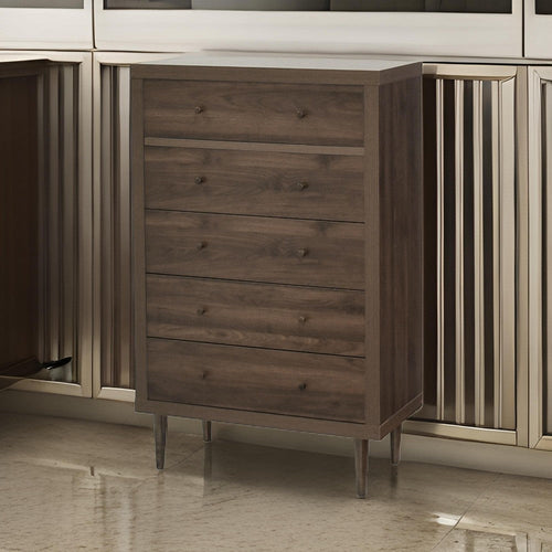 Minie Tall Dresser Chest, 5 Drawers, Rubberwood, Modern Walnut Brown