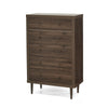 Minie Tall Dresser Chest, 5 Drawers, Rubberwood, Modern Walnut Brown