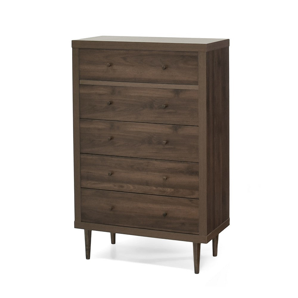 Minie Tall Dresser Chest, 5 Drawers, Rubberwood, Modern Walnut Brown