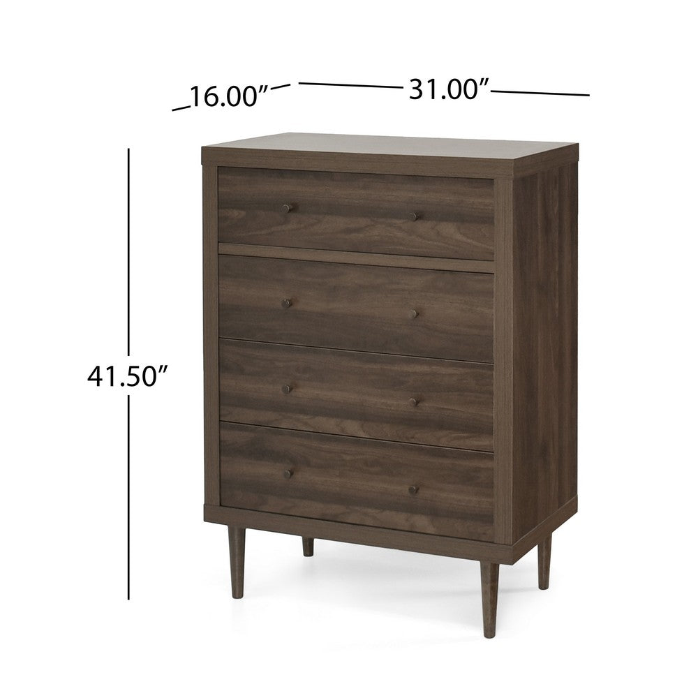 Minie Dresser Chest with 4 Drawers, Rubberwood Legs, Walnut Brown
