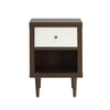 Minie Nightstand with 1 Drawer, Shelf, Modern White and Walnut Brown