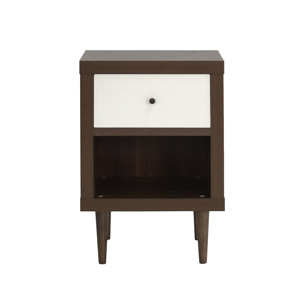 Minie Nightstand with 1 Drawer, Shelf, Modern White and Walnut Brown